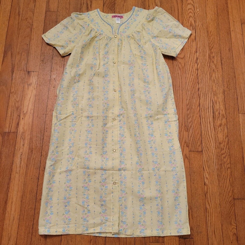 5 More Minutes M Nightgown Yellow Floral Seersucker Button Front HOUSE DRESS Nap